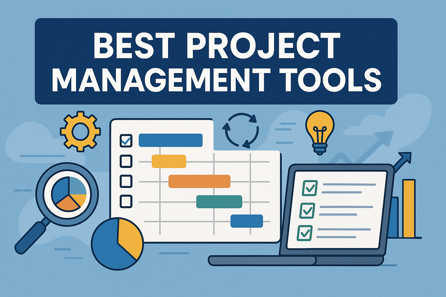 An image reading "Best project management tools" on a blue background with various screens under the text